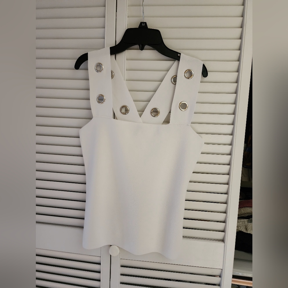 Bar III White Tank Top with Silver Accents
